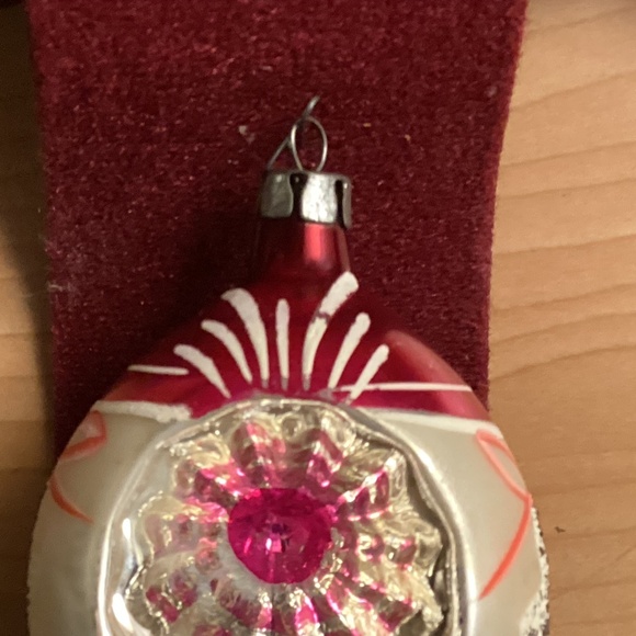 Ornament Christmas Poland 4” Glass Mica Indent Teardrop Red Pink Glitter Vtg - Picture 8 of 8